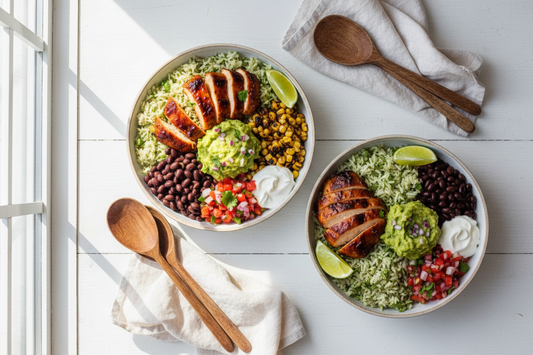 BBQ Chicken Burrito Bowls with Lime Rice, Guacamole & Grilled Corn