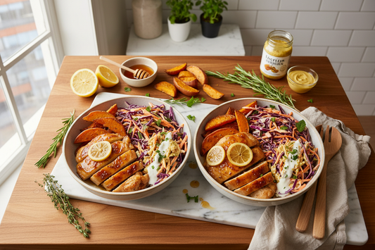 Honey Lemon Chicken Bowls with Roasted Sweet Potatoes & Creamy Rainbow Slaw